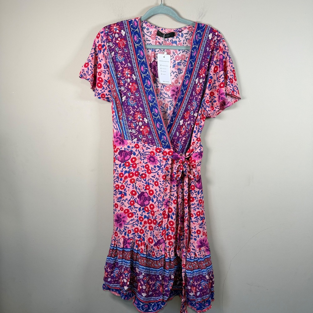 Zesica NWT Mixed Pattern Flutter Sleeve Wrap Mini Dress Large Cottagecore Boho